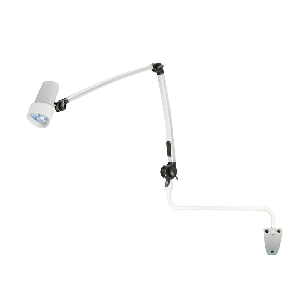 Hospital equipment reading light articulating arm, dimmable, wall mount, ext arm.
